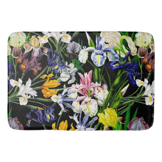Colorful Victoriaans Iris Flowers op Black Pattern Badmat (Voorkant)
