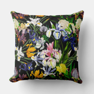 Colorful Victoriaans Iris Flowers op Black Pattern Kussen