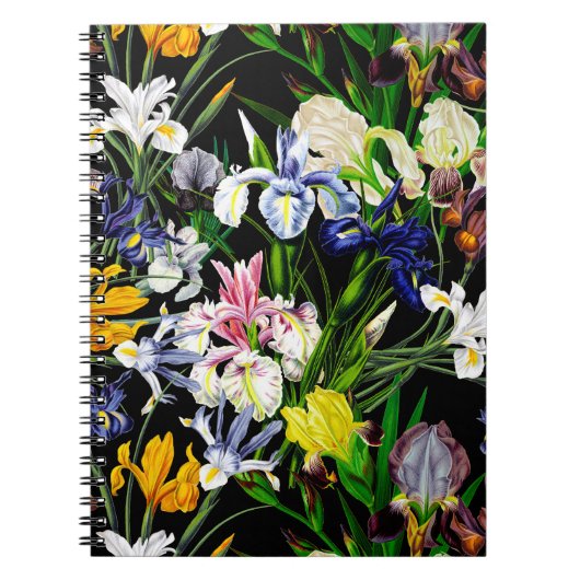 Colorful Victoriaans Iris Flowers op Black Pattern Notitieboek (Voorkant)