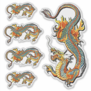 Colorful Vintage Fantasy Fire Dragon Tattoo Art Sticker