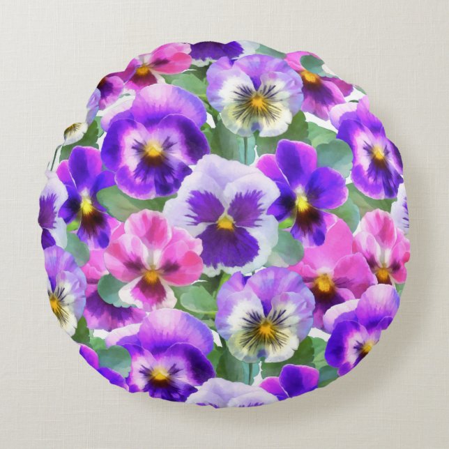 Colorful Violets Pansy Flower Pattern Rond Kussen (Voorkant)