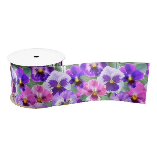 Colorful Violets Pansy Flower Pattern Satijnen Lint (Spoel)