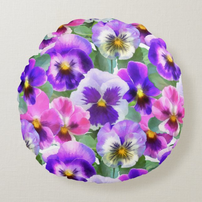 Colorful Violets Pansy Flowers Pattern Rond Kussen (Voorkant)