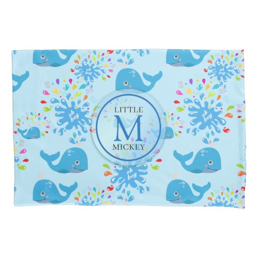 Colorful Water Splash Blue Whale Monogram Patroon Kussensloop (Voorkant)