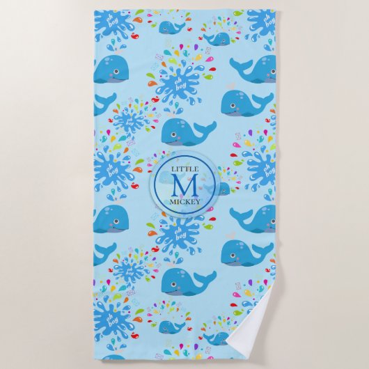 Colorful Water Splash Blue Whale Monogram Patroon Strandlaken (Voorkant)