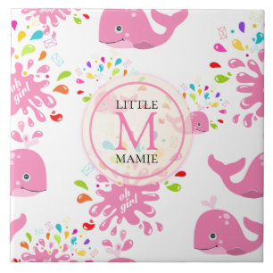 Colorful Water Splash Pink Whale Monogram Patroon Tegeltje