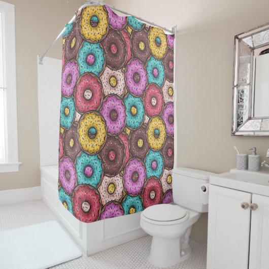 Colorful Watercolor Donuts with Sprinkles Pattern Douchegordijn (In situ)