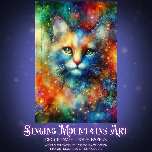 Colorful Watercolor Fantasy Cat Decoupage  Tissuepapier