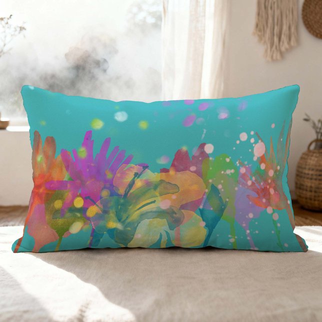 Colorful Watercolor Flowers on Turquoise Kussen (Creator heeft geüpload)