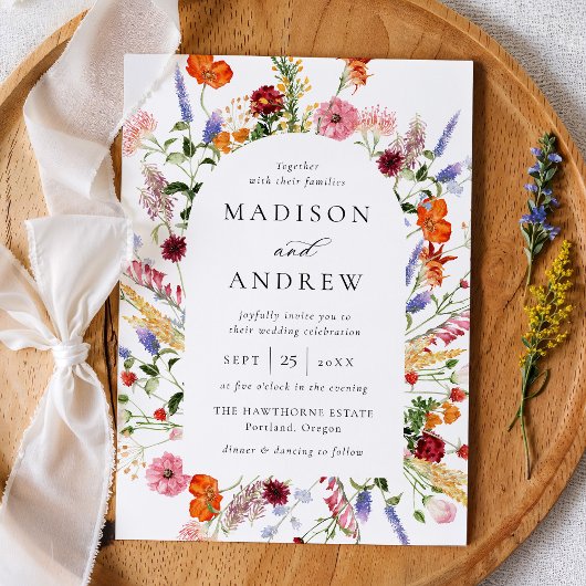 Colorful Watercolor Wildflower Arch Wedding Kaart