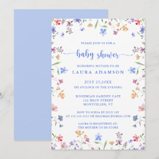 Colorful Watercolor Wildflowers Blue Baby Shower Kaart
