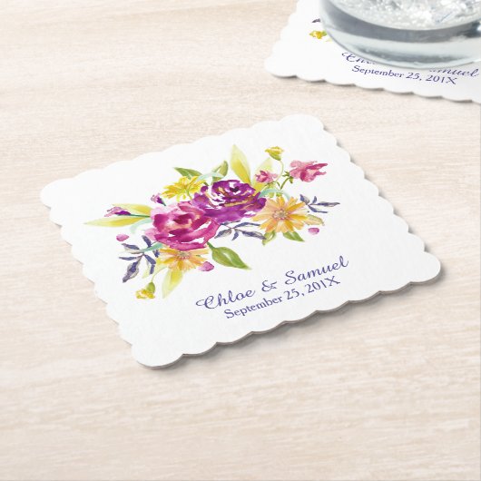 Colorful Waterverf Bouquet Wedding Kartonnen Onderzetters (Gebogen)