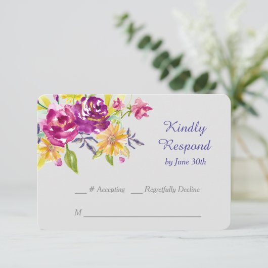 Colorful Waterverf Bouquet Wedding RSVP Kaartje (Staand voorkant)