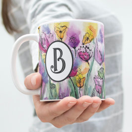 Colorful Waterverf Flowers Monogram Tweekleurige Koffiemok