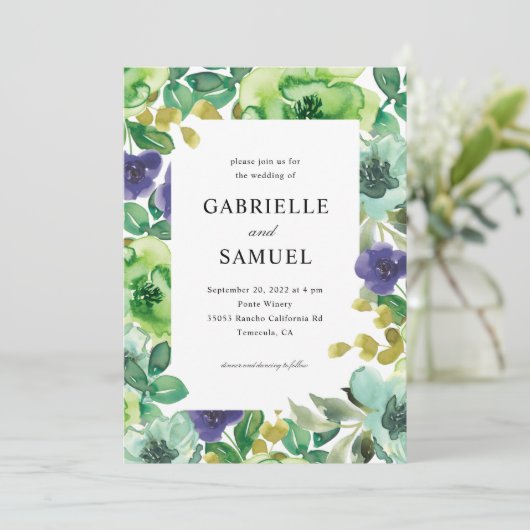 Colorful Waterverf Flowers Sage Green Wedding Kaart (Staand voorkant)