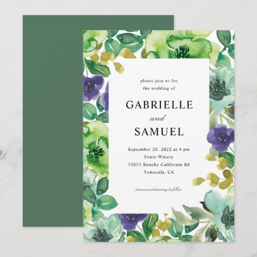 Colorful Waterverf Flowers Sage Green Wedding Kaart (Voorkant / Achterkant)