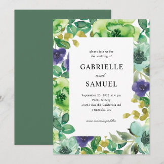 Colorful Waterverf Flowers Sage Green Wedding Kaart