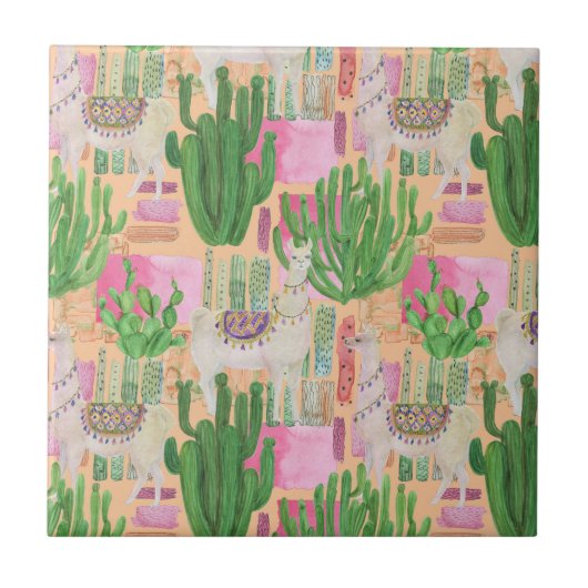 Colorful Waterverf Llama Pattern Tegeltje (Voorkant)