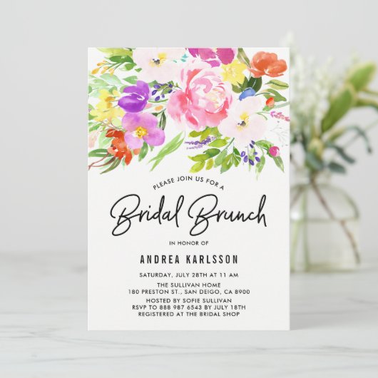 Colorful Waterverf Spring Blooms Bridal Brunch Kaart (Staand voorkant)