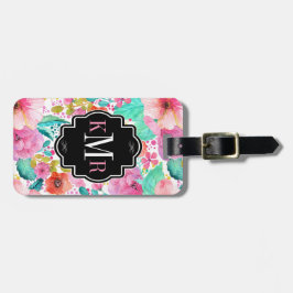 Colorful Waterverven Flowers Monogram Bagagelabel