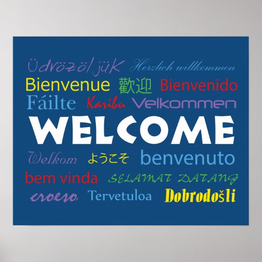 Colorful Welcome Veel talen Blauw Poster (Voorkant)
