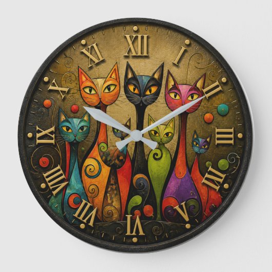 Colorful Whimsical Cats Grote Klok (Voorkant)