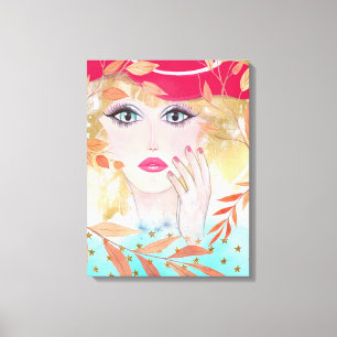 Colorful Whimsical Face Artwork Lady in Pet Canvas Afdruk