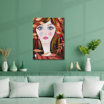 Colorful Whimsical Face Painting Lady Leaves Canvas Afdruk<br><div class="desc">Een helder en kleurrijk schilderij van een grillig meisje met grote ogen,  en zwart haar met rode en gele hoogtepunten. Leaf,  star en hartmotieven vullen het afbeelding aan.</div>