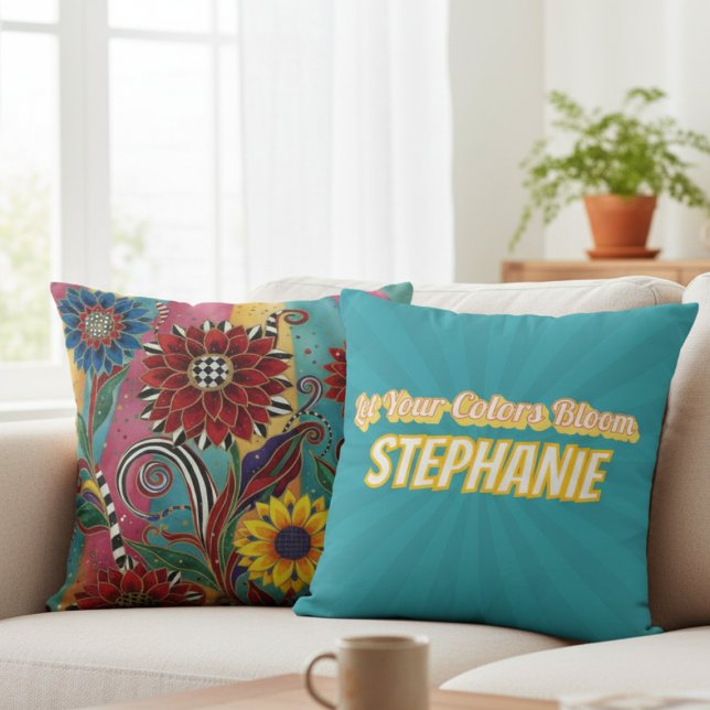 Colorful Whimsical Flowers Art Throw Pillow Kussen (Bright whimsical personalized pillow)