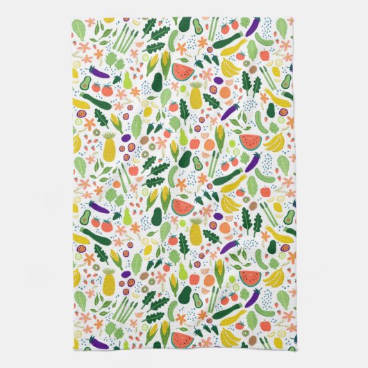 Colorful Whimsical Fruits Veggies Pattern Theedoek (Verticaal)