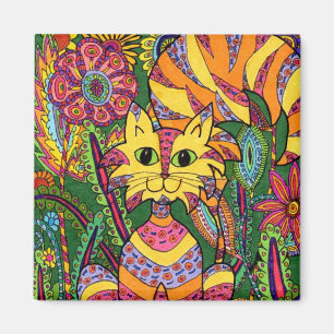 Colorful Whimsical Garden Cat Green Flowers Magneet