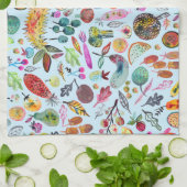 Colorful Whimsical Waterverf Fruits Veggies Blue Theedoek (Gevouwen)