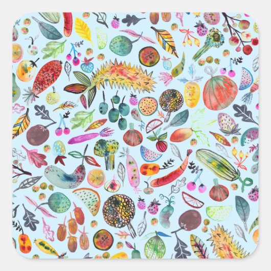 Colorful Whimsical Waterverf Fruits Veggies Blue Vierkante Sticker (Voorkant)