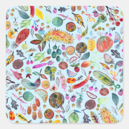 Colorful Whimsical Waterverf Fruits Veggies Blue Vierkante Sticker
