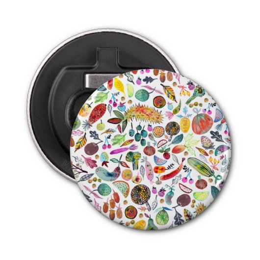 Colorful Whimsical Waterverf Fruits Veggies Button Flesopener (Voorkant)