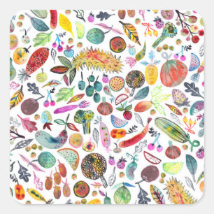 Colorful Whimsical Waterverf Fruits Veggies Vierkante Sticker