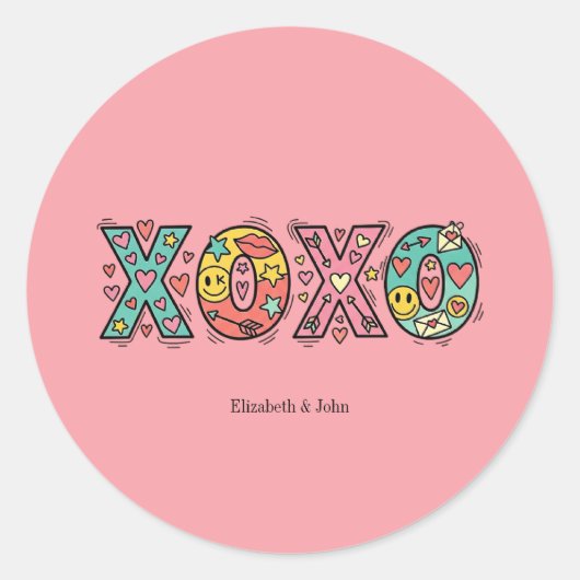 Colorful Whimsical "XOXO" Valentine's Day Ronde Sticker (Voorkant)