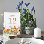 Colorful Wild Flowers Country Weddenschap Kaart<br><div class="desc">Colorful Wild Flowers Country Wedding Table Numbers bevat  landbloemen in oranje,  geel,  paars en roze op een witte achtergrond met het tabelnummer in het midden. Personaliseer door de tekst in de tekstvakjes uit te geven. Ontworpen voor u door ©Evco Studio www.zazzle.com/store/evcostudio</div>