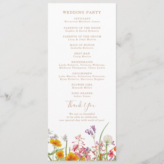 Colorful Wild Flowers Country Weddenschap Programmakaart (Achterkant)