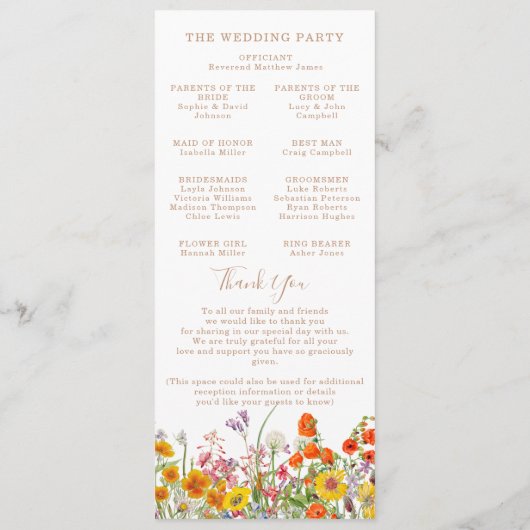 Colorful Wild Flowers Country Weddenschap Programmakaart (Achterkant)