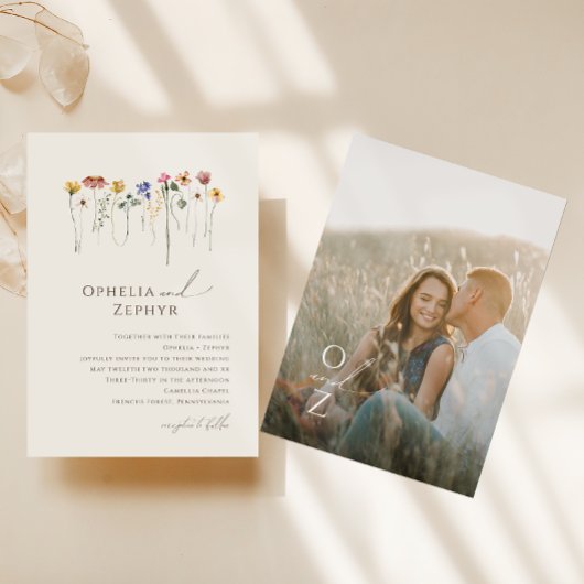 Colorful Wildflower Beige Monogram Foto Weddenscha Kaart