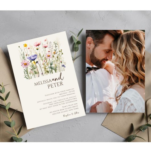 Colorful Wildflower Beige Monogram Foto Weddenscha Kaart