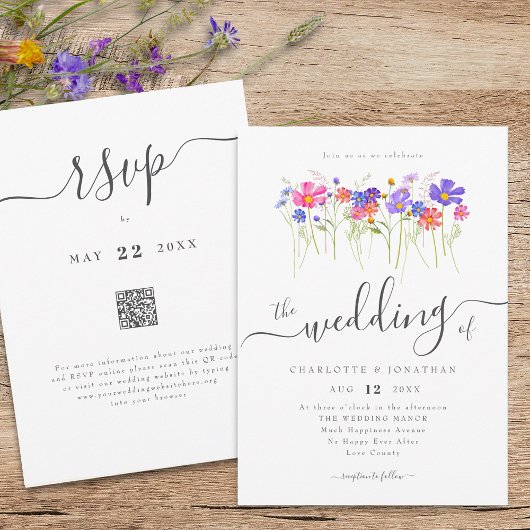 Colorful Wildflower Boho Wedding QR code Kaart