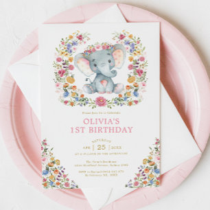 Colorful Wildflower Elephant Girl Birthday Party Kaart
