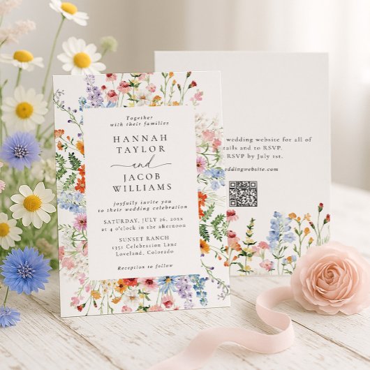 Colorful Wildflower Floral QR Code RSVP Wedding Kaart