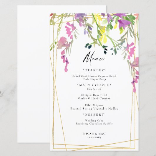 Colorful Wildflower Geometric Wedding Menu II (Voorkant / Achterkant)