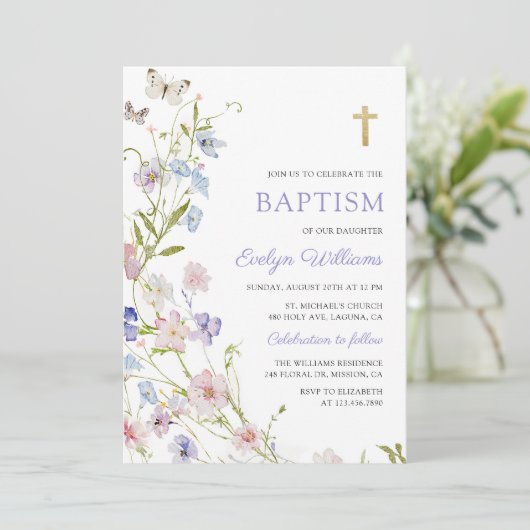 Colorful Wildflower Meadow Girl Baptism  Kaart (Staand voorkant)