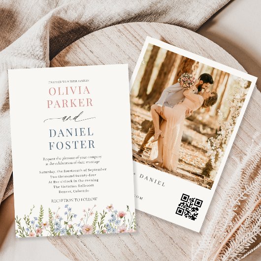 Colorful Wildflower QR Code Photo Wedding Kaart