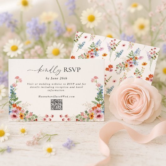 Colorful Wildflower QR Code Wedding RSVP Kaartje
