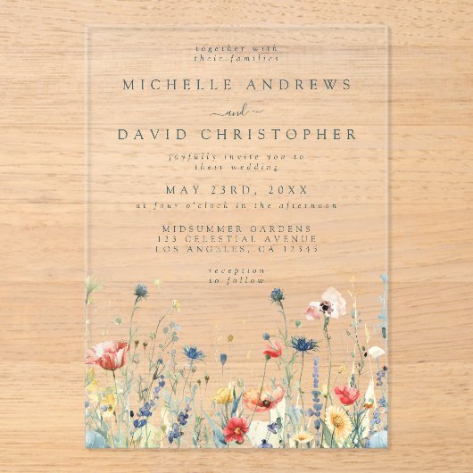 Colorful Wildflower Wedding Acryl Uitnodigingen (Voorkant)